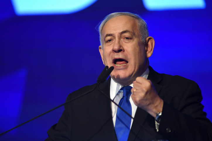 נתניהו מכחיש את הפרסומים: "פרקליטי יופיעו לשימוע" Israeli Prime Minister Benjamin Netanyahu, head of the Likud Party, carries a speach after the release of first voting results in the Israeli general elections